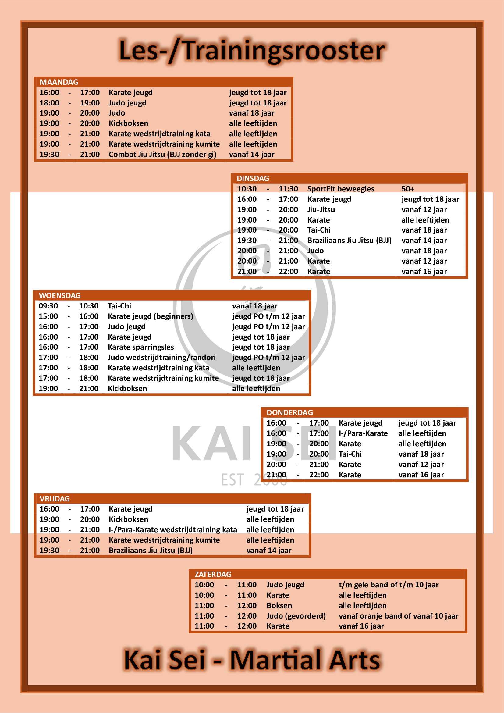 Kai Sei les trainingsrooster